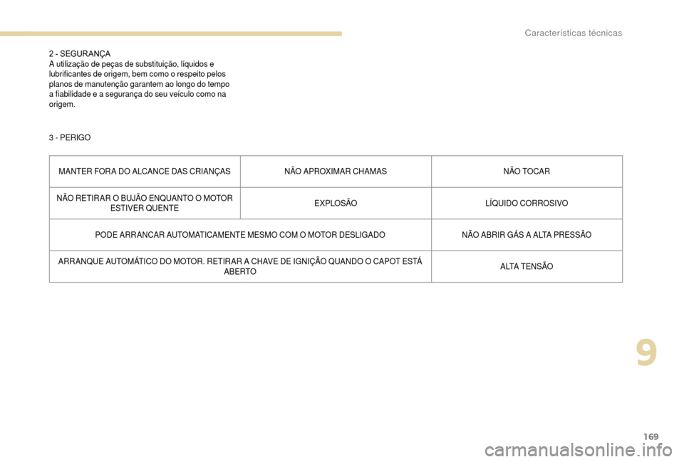 Peugeot Boxer 2018  Manual do proprietário (in Portuguese) 169
2 - SEGUR ANÇA
A utilização de peças de substituição, líquidos e 
lubrificantes de origem, bem como o
 
respeito pelos 
planos de manutenção garantem ao longo do tempo 
a
  fiabilidade e 