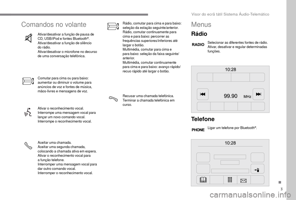 Peugeot Boxer 2018  Manual do proprietário (in Portuguese) 3
Comandos no volante
Ativar/desativar a função de pausa de 
C D, USB/iPod e fontes Bluetooth®.
Ativar/desativar a
 
função de silêncio 
do rádio.
Ativar/desativar o
 
microfone no decurso 
de 