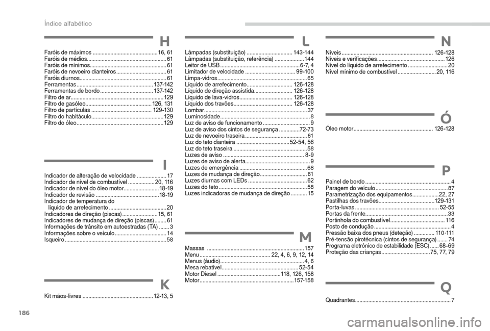 Peugeot Boxer 2018  Manual do proprietário (in Portuguese) 186
H
Faróis de máximos ............................................ 16, 61
Faróis de médios ...................................................... 61
Faróis de mínimos .........................