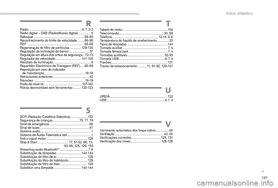 Peugeot Boxer 2018  Manual do proprietário (in Portuguese) 187
S
SCR (Redução Catalítica Selectiva).....................132
Segurança de crianças  ...............................75, 77, 79
Sinal de emergência
 ...........................................