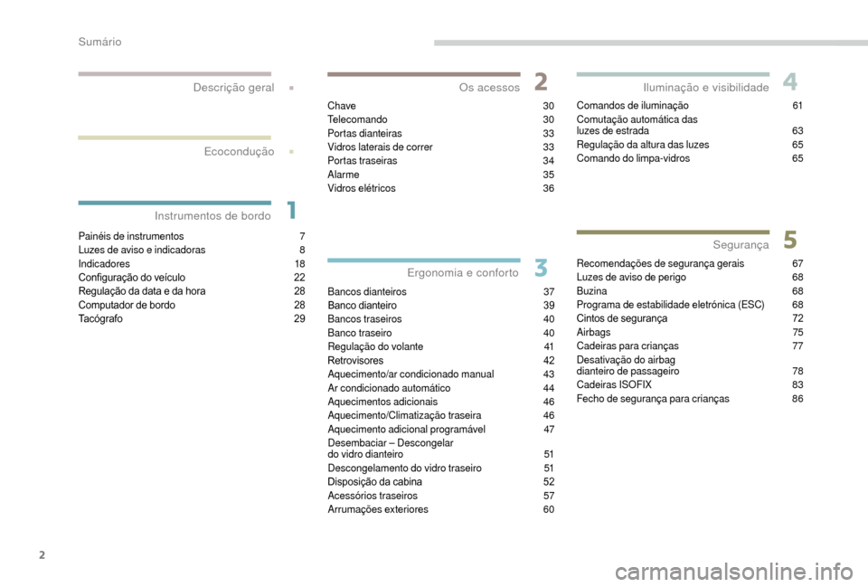 Peugeot Boxer 2018  Manual do proprietário (in Portuguese) 2
.
.
Painéis de instrumentos 7
L uzes de aviso e indicadoras  8
In
dicadores
 
 18
Configuração do veículo
 
2
 2
Regulação da data e da hora
 
2
 8
Computador de bordo
 
2
 8
Tacógrafo
 2

9C