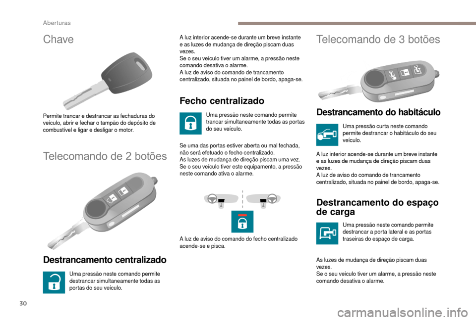 Peugeot Boxer 2018 Manual do proprietário (in Portuguese) 30
Chave
Permite trancar e destrancar as fechaduras do
veículo, abrir e fechar o tampão do depósito de
combustível e ligar e desligar o
motor.
Telecomando de 2 botões
Destrancamento centrali Peugeot Boxer 2018 Manual do proprietário (in Portuguese) 30
Chave
Permite trancar e destrancar as fechaduras do
veículo, abrir e fechar o tampão do depósito de
combustível e ligar e desligar o
motor.
Telecomando de 2 botões
Destrancamento centrali