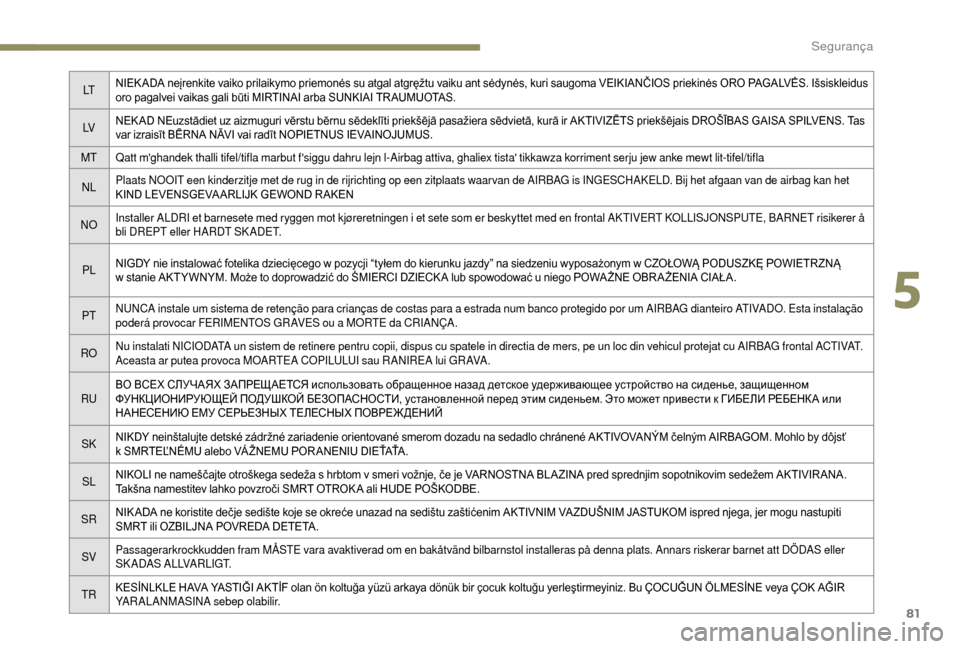Peugeot Boxer 2018  Manual do proprietário (in Portuguese) 81
LTNIEK ADA neįrenkite vaiko prilaikymo priemonės su atgal atgręžtu vaiku ant sėdynės, kuri saugoma VEIKIANČIOS priekinės ORO PAGALVĖS. Išsiskleidus 
oro pagalvei vaikas gali būti MIRTINA