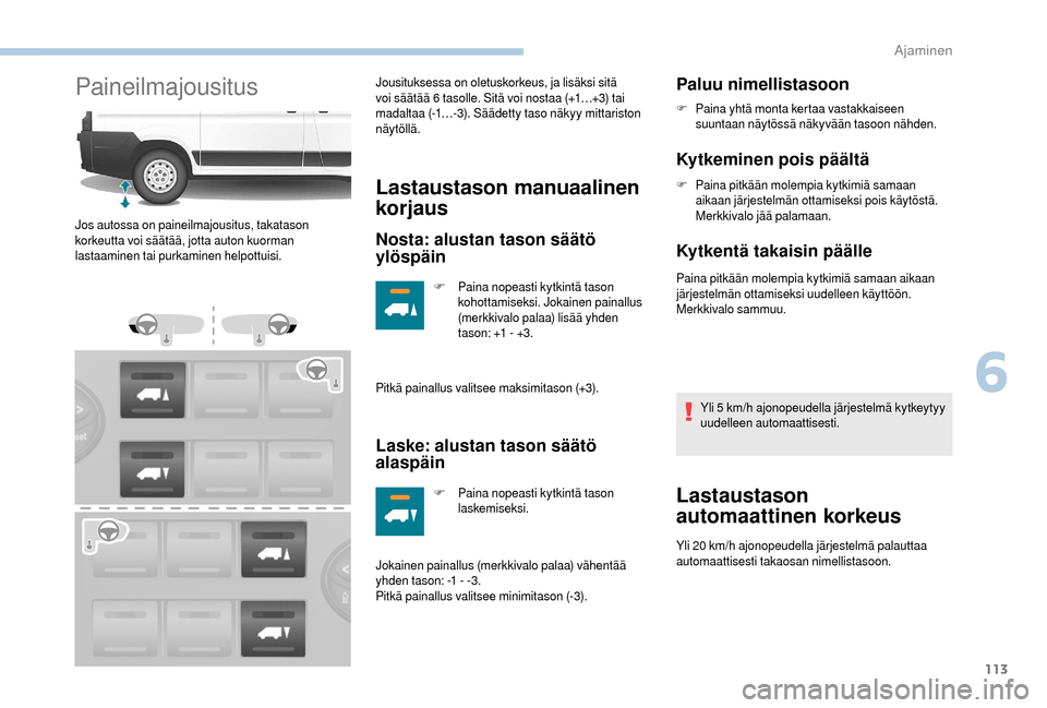 Peugeot Boxer 2018 Omistajan käsikirja (in Finnish) 113
PaineilmajousitusJousituksessa on oletuskorkeus, ja lisäksi sitä
voi säätää 6 tasolle. Sitä voi nostaa (+1…+3) tai
madaltaa (-1…-3). Säädetty taso näkyy mittariston
näytöllä.
Peugeot Boxer 2018 Omistajan käsikirja (in Finnish) 113
PaineilmajousitusJousituksessa on oletuskorkeus, ja lisäksi sitä
voi säätää 6 tasolle. Sitä voi nostaa (+1…+3) tai
madaltaa (-1…-3). Säädetty taso näkyy mittariston
näytöllä.