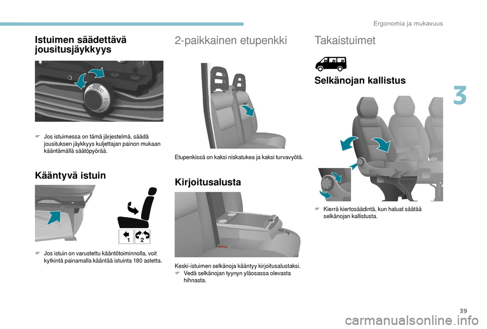 Peugeot Boxer 2018  Omistajan käsikirja (in Finnish) 39
Istuimen säädettävä 
jousitusjäykkyys
Kääntyvä istuin2-paikkainen etupenkki
Kirjoitusalusta
F Jos istuimessa on tämä järjestelmä, säädä  jousituksen jäykkyys kuljettajan painon muka