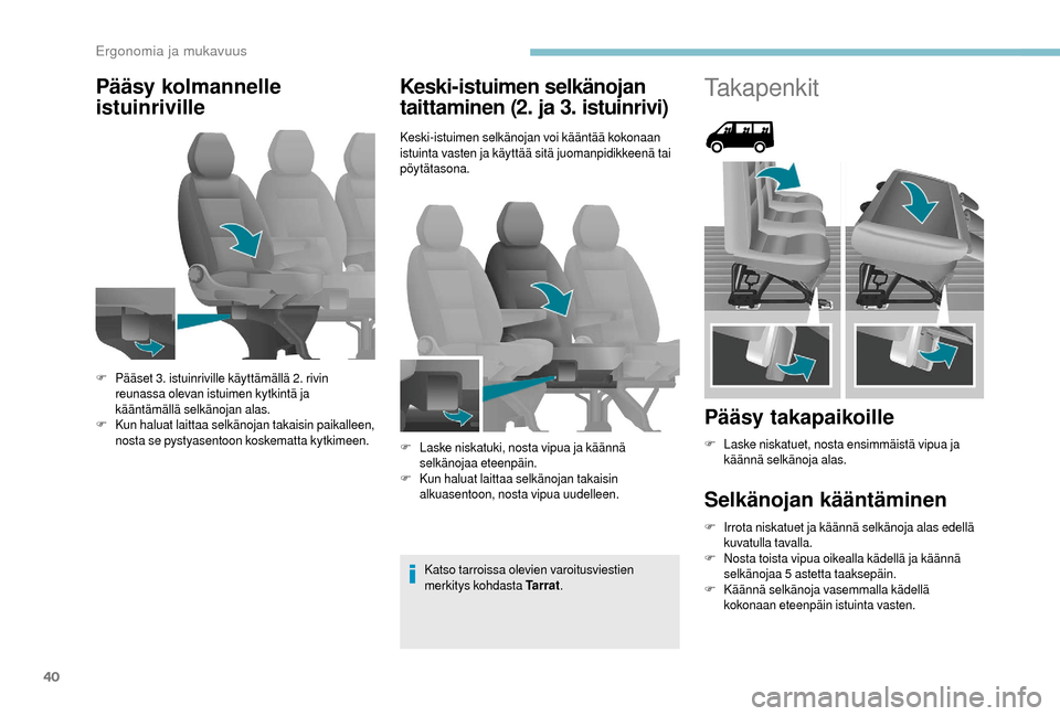 Peugeot Boxer 2018  Omistajan käsikirja (in Finnish) 40
Pääsy kolmannelle 
istuinrivilleKeski-istuimen selkänojan 
taittaminen (2. ja 3. istuinrivi)
Keski-istuimen selkänojan voi kääntää kokonaan 
istuinta vasten ja käyttää sitä juomanpidikk