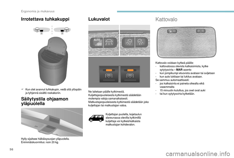 Peugeot Boxer 2018  Omistajan käsikirja (in Finnish) 56
Irrotettava tuhkakuppi
F Kun olet avannut tuhkakupin, vedä sitä ylöspäin ja tyhjennä sisältö roskakoriin.
Säilytystila ohjaamon 
yläpuolella
Hylly sijaitsee häikäisysuojan yläpuolella.
