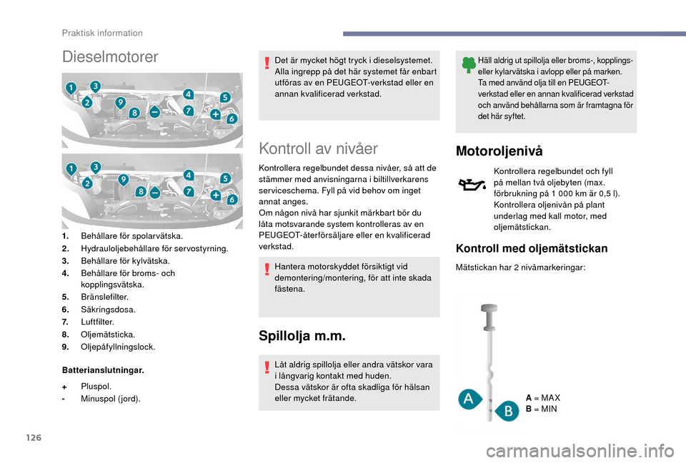 Peugeot Boxer 2018 Ägarmanual (in Swedish) 126
Dieselmotorer
1.Behållare för spolarvätska.
2. Hydrauloljebehållare för servostyrning.
3. Behållare för kylvätska.
4. Behållare för broms- och
kopplingsvätska.
5. Bränslefilter.
6. S Peugeot Boxer 2018 Ägarmanual (in Swedish) 126
Dieselmotorer
1.Behållare för spolarvätska.
2. Hydrauloljebehållare för servostyrning.
3. Behållare för kylvätska.
4. Behållare för broms- och
kopplingsvätska.
5. Bränslefilter.
6. S