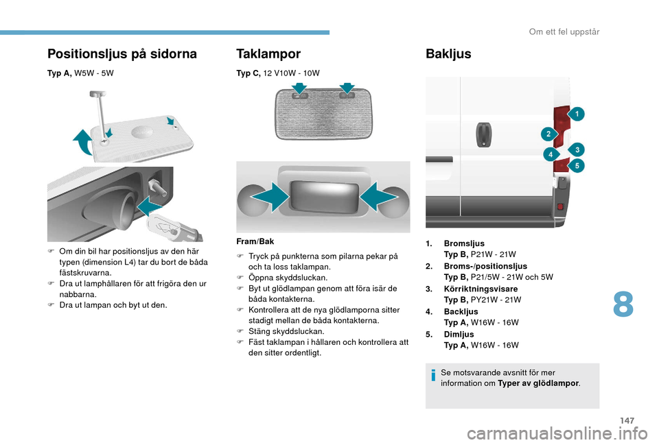 Peugeot Boxer 2018 Ägarmanual (in Swedish) 147
Ty p C , 12 V10W - 10W
Positionsljus på sidorna
Ty p A , W5W - 5W
Taklampor
F Om din bil har positionsljus av den här
typen (dimension L4) tar du bort de båda
fästskruvarna.
F
D
ra ut Peugeot Boxer 2018 Ägarmanual (in Swedish) 147
Ty p C , 12 V10W - 10W
Positionsljus på sidorna
Ty p A , W5W - 5W
Taklampor
F Om din bil har positionsljus av den här
typen (dimension L4) tar du bort de båda
fästskruvarna.
F
D
ra ut