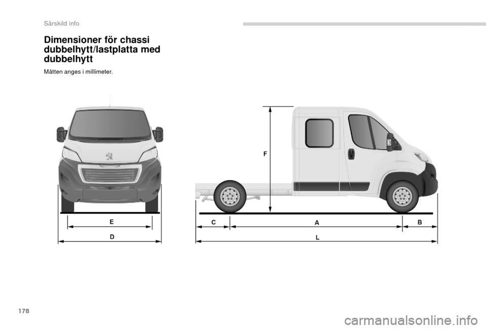 Peugeot Boxer 2018  Ägarmanual (in Swedish) 178
Dimensioner för chassi 
dubbelhytt/lastplatta med 
dubbelhytt
Måtten anges i millimeter. 
Särskild info  