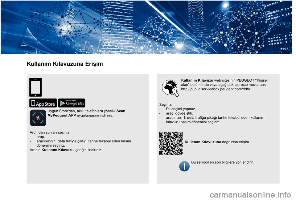 Peugeot Boxer 2018 Kullanım Kılavuzu (in Turkish) Kullanım Kılavuzuna Erişim
Kullanım Kılavuzu web sitesinin PEUGEOT "Kişisel
alan" bölümünde veya aşağıdaki adreste mevcuttur:
http://public.servicebox.peugeot.com/ddb/Kullanım Kılavuzun Peugeot Boxer 2018 Kullanım Kılavuzu (in Turkish) Kullanım Kılavuzuna Erişim
Kullanım Kılavuzu web sitesinin PEUGEOT "Kişisel
alan" bölümünde veya aşağıdaki adreste mevcuttur:
http://public.servicebox.peugeot.com/ddb/Kullanım Kılavuzun