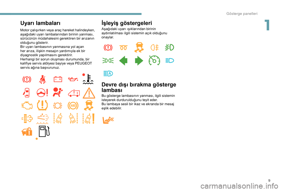 Peugeot Boxer 2018  Kullanım Kılavuzu (in Turkish) 9
Uyarı lambaları
Motor çalışırken veya araç hareket halindeyken, 
aşağıdaki uyarı lambalarından birinin yanması, 
sürücünün müdahalesini gerektiren bir arızanın 
olduğunu göster