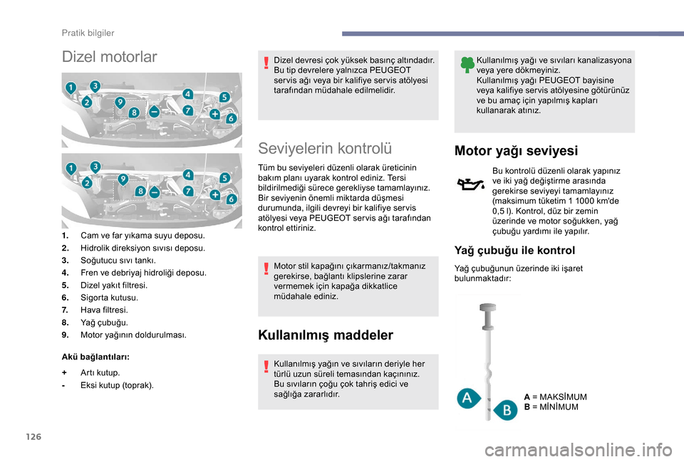 Peugeot Boxer 2018  Kullanım Kılavuzu (in Turkish) 126
Dizel motorlar
1.Cam ve far yıkama suyu deposu.
2. Hidrolik direksiyon sıvısı deposu.
3. Soğutucu sıvı tankı.
4. Fren ve debriyaj hidroliği deposu.
5. Dizel yakıt filtresi.
6. Sigorta ku