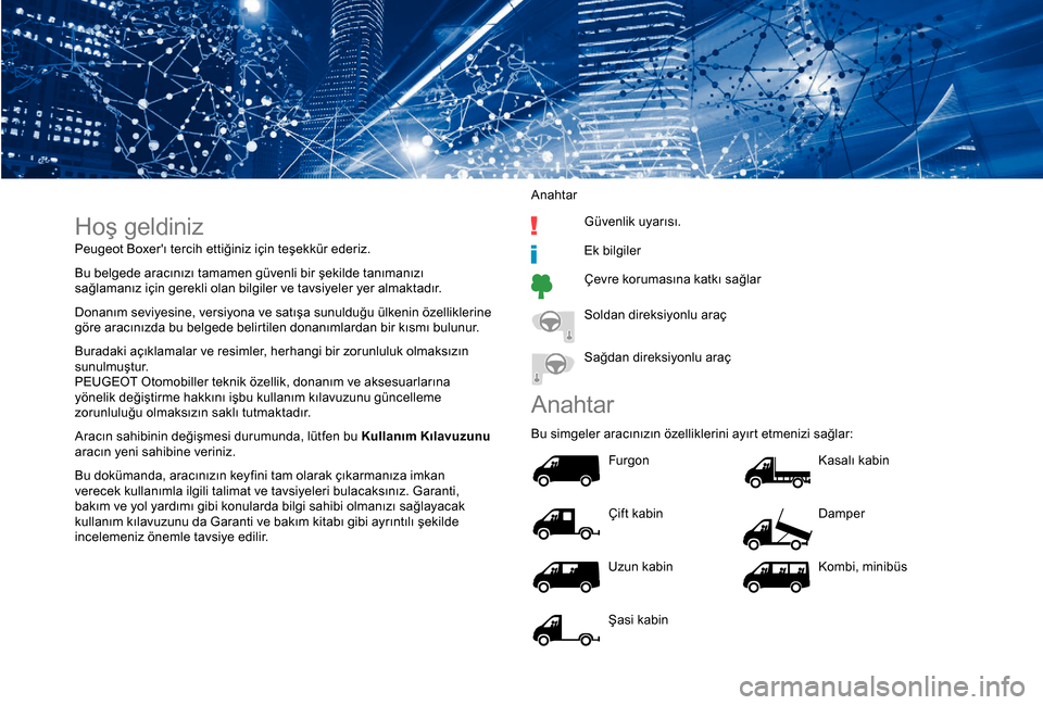 Peugeot Boxer 2018  Kullanım Kılavuzu (in Turkish) Hoş geldiniz
Peugeot Boxerı tercih ettiğiniz için teşekkür ederiz.
Bu belgede aracınızı tamamen güvenli bir şekilde tanımanızı 
sağlamanız için gerekli olan bilgiler ve tavsiyeler ye