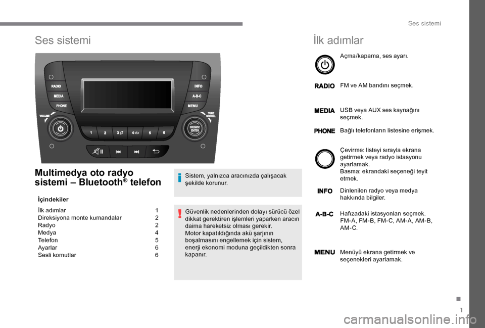 Peugeot Boxer 2018  Kullanım Kılavuzu (in Turkish) 1
Ses sistemi
Multimedya oto radyo 
sistemi – Bluetooth® telefon
İçindekiler
İlk adımlar  
1
D

ireksiyona monte kumandalar   
2
R

adyo   
2
M

edya   
4
T

elefon   
5
A

yarlar 
 6
S

esli k