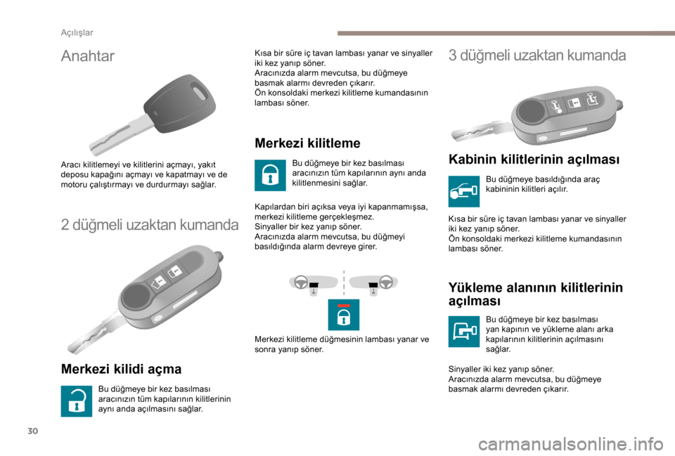 Peugeot Boxer 2018  Kullanım Kılavuzu (in Turkish) 30
Anahtar
Aracı kilitlemeyi ve kilitlerini açmayı, yakıt 
deposu kapağını açmayı ve kapatmayı ve de 
motoru çalıştırmayı ve durdurmayı sağlar.
2 düğmeli uzaktan kumanda
Merkezi kil
