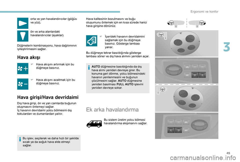 Peugeot Boxer 2018  Kullanım Kılavuzu (in Turkish) 45
orta ve yan havalandırıcılar (göğüs 
ve yüz),
ön ve arka alanlardaki 
havalandırıcılar (ayaklar).
Düğmelerin kombinasyonu, hava dağıtımının 
iyileştirilmesini sağlar.
Hava akı�