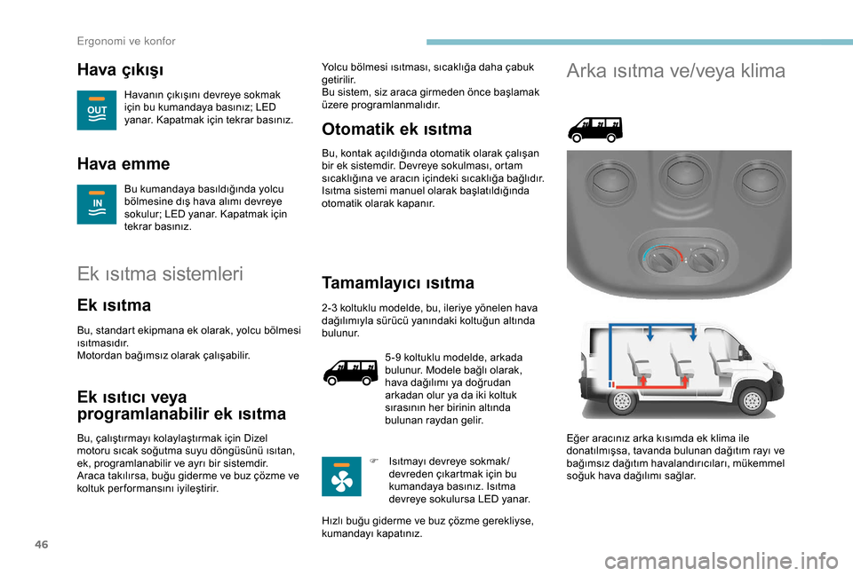Peugeot Boxer 2018  Kullanım Kılavuzu (in Turkish) 46
Hava çıkışı
Havanın çıkışını devreye sokmak 
için bu kumandaya basınız; LED 
yanar. Kapatmak için tekrar basınız.
Hava emme
Bu kumandaya basıldığında yolcu 
bölmesine dış h
