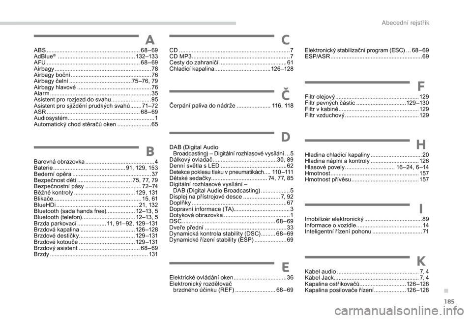 Peugeot Boxer 2018  Návod k obsluze (in Czech) 185
ABS ..........................................................68–69
AdBlue®  ................................................ 132–13 3
AFU ....... ............................................