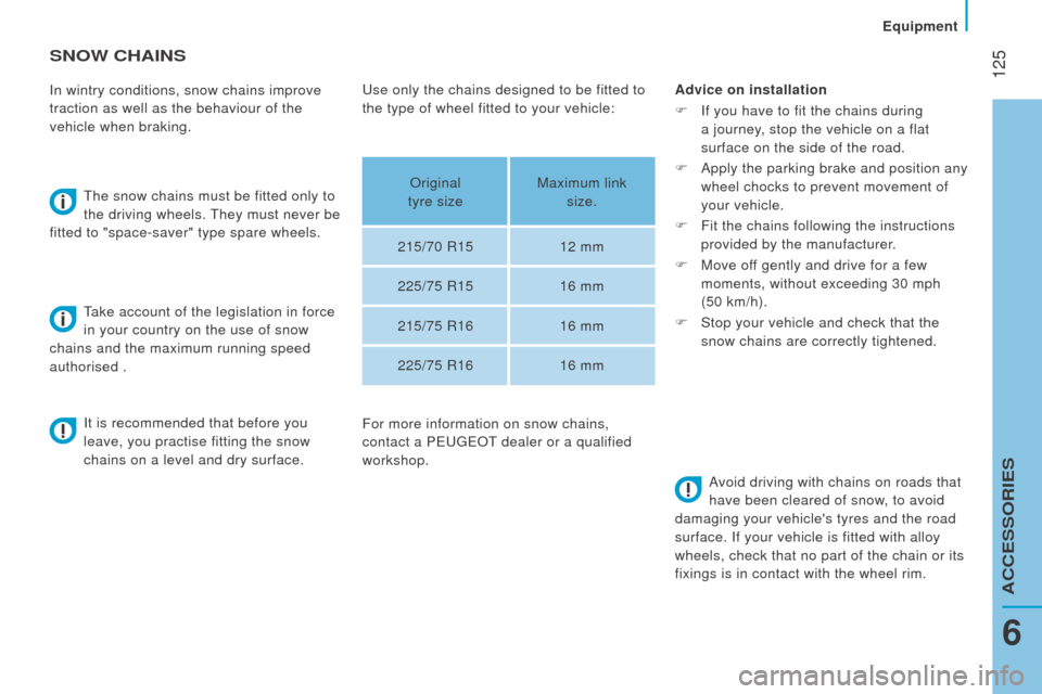 Peugeot Boxer 2016  Owners Manual  125
boxer_en_Chap06_Accessoires_ed01-2015
SnoW cHAInS
In wintry conditions, snow chains improve 
traction as well as the behaviour of the 
vehicle when braking.
t
he snow chains must be fitted only t