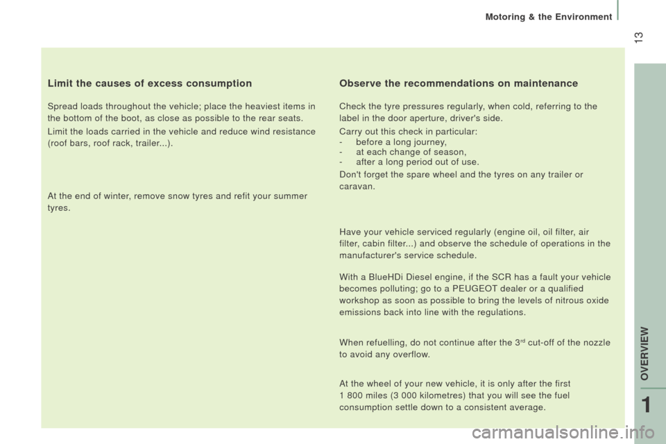 Peugeot Boxer 2016  Owners Manual  13
boxer_en_Chap01_Vue-ensemble_ed01-2015
Limit the causes of excess consumption
Spread loads throughout the vehicle; place the heaviest items in 
the bottom of the boot, as close as possible to the 