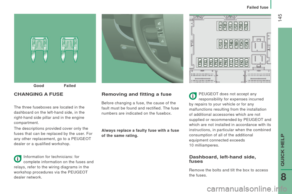 Peugeot Boxer 2016  Owners Manual  145
boxer_en_Chap08_Aide-Rapide_ed01-2015
the three fuseboxes are located in the 
dashboard on the left-hand side, in the  
right-hand side pillar and in the engine 
compartment.
t

he descriptions p