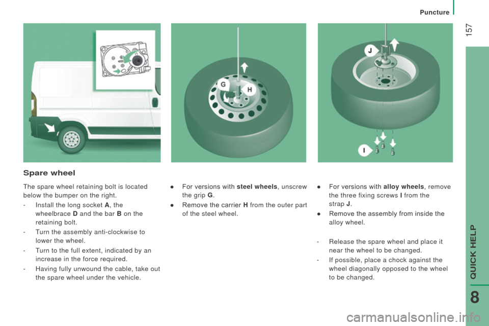 Peugeot Boxer 2016  Owners Manual  157
boxer_en_Chap08_Aide-Rapide_ed01-2015
● For versions with alloy wheels, remove 
the three fixing screws I  from the 
strap
 j
.
●

 
Remove the assembly from inside the
  
alloy wheel.
Spare 