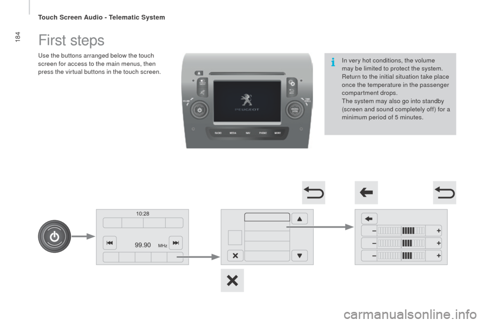 Peugeot Boxer 2016  Owners Manual 184
boxer_en_Chap10a_Autoradio_Fiat-tactile-1_ed01-2015
First steps
use the buttons arranged below the touch 
screen for access to the main menus, then 
press the virtual buttons in the touch screen.I