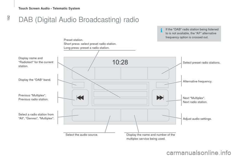 Peugeot Boxer 2016  Owners Manual 192
boxer_en_Chap10a_Autoradio_Fiat-tactile-1_ed01-2015
If the "DAB" radio station being listened 
to is not available, the "AF" alternative 
frequency option is crossed out.
DAB (Digital Audio Broadc