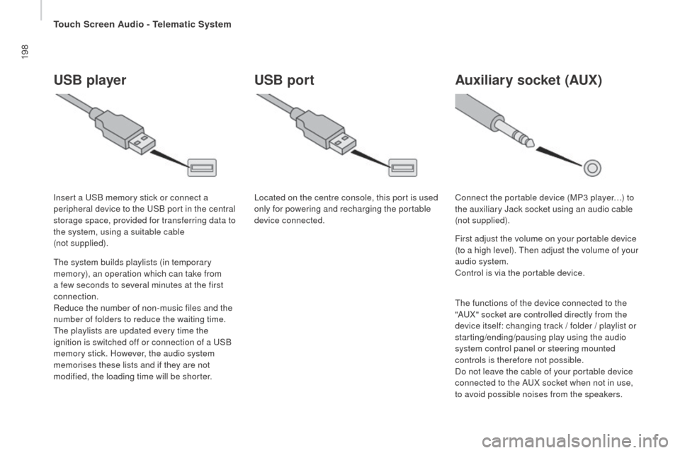 Peugeot Boxer 2016 Owners Manual 198
boxer_en_Chap10a_Autoradio_Fiat-tactile-1_ed01-2015
uSB player
the system builds playlists (in temporary
memory), an operation which can take from
a few seconds to several minutes at the first
Peugeot Boxer 2016 Owners Manual 198
boxer_en_Chap10a_Autoradio_Fiat-tactile-1_ed01-2015
uSB player
the system builds playlists (in temporary
memory), an operation which can take from
a few seconds to several minutes at the first