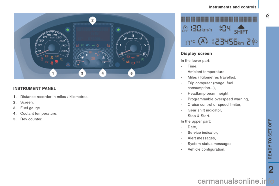 Peugeot Boxer 2016  Owners Manual  23
boxer_en_Chap02_Pret-a-Partir_ed01-2015
1. Distance recorder in miles  / kilometres.
2.   Screen.
3.
 
Fuel gauge.
4.

 
Coolant temperature.
5.

 
Rev counter
 .
InStruMEnt PAnEL d isplay screen

