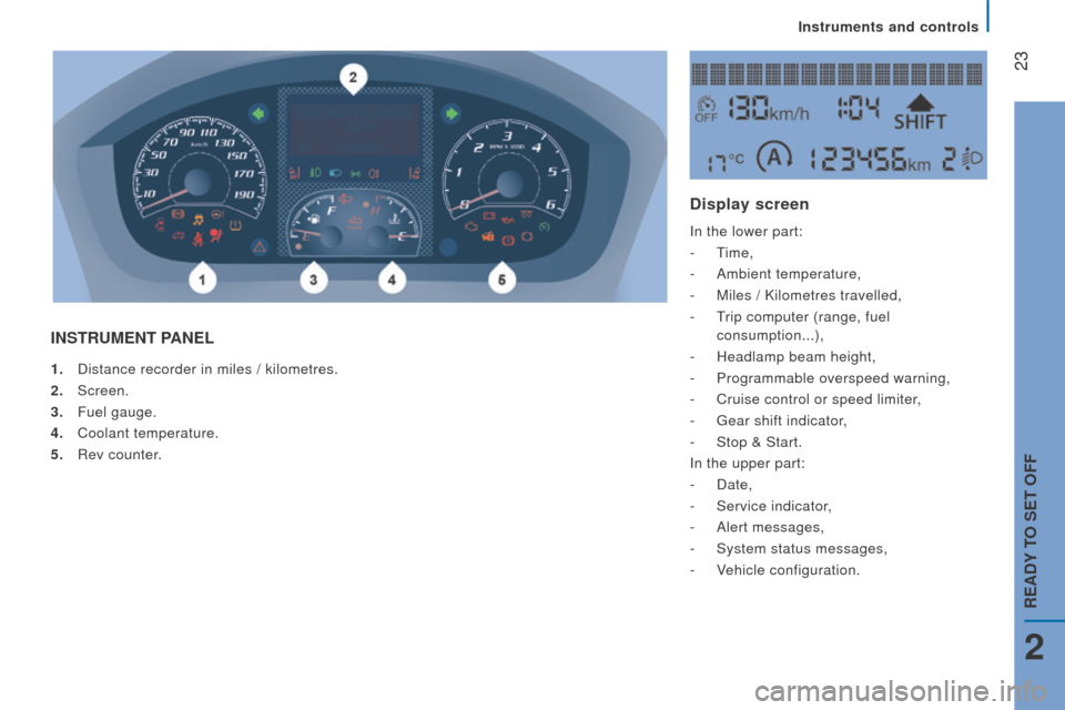 Peugeot Boxer 2016  Owners Manual  23
boxer_en_Chap02_Pret-a-Partir_ed01-2015
1. Distance recorder in miles  / kilometres.
2.   Screen.
3.
 
Fuel gauge.
4.

 
Coolant temperature.
5.

 
Rev counter
 .
InStruMEnt PAnEL d isplay screen
