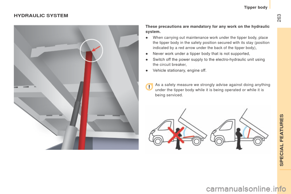 Peugeot Boxer 2016 Owners Guide  263
boxer_en_Chap11_Particularites_ed01-2015
HYdrAuLIc SYStEM
these precautions are mandatory for any work on the hydraulic 
system.
●
 
When carrying out maintenance work under the tipper body, pl