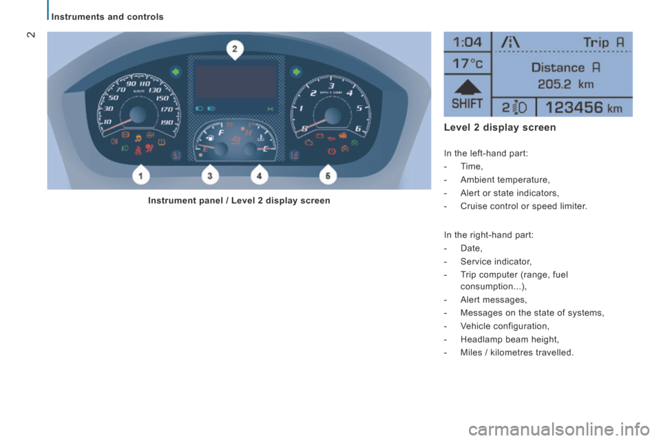Peugeot Boxer 2016 Owners Guide 2
boxer-post-it_en_Chap02_Pret-a-Partir_ed01-2015
   Instruments  and  controls   
Level 2 display screen 
  In the left-hand part: 
   -   Time, 
  -   Ambient  temperature, 
  -   Alert  or  state  