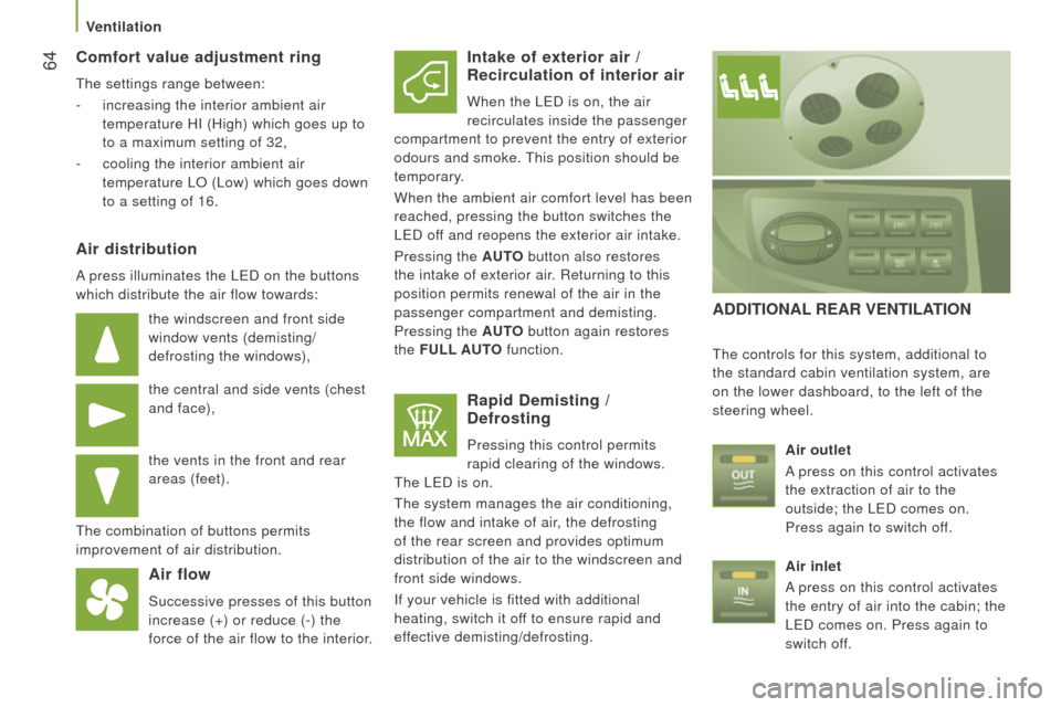 Peugeot Boxer 2016  Owners Manual  64
boxer_en_Chap03_ergo-et-confort_ed01-2015
comfort value adjustment ring
the settings range between:
-  
increasing the interior ambient air
  
temperature HI (High) which goes up to 
to a maximum 