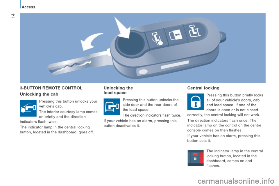 Peugeot Boxer 2016 - RHD (UK, Australia) User Guide 14
3-Button rEMotE controL
u
nlocking the cab
Pressing this button unlocks your
vehicles cab.
the interior courtesy lamp comes
on briefly and the direction
indicators flash twice.
the indicator Peugeot Boxer 2016 - RHD (UK, Australia) User Guide 14
3-Button rEMotE controL
u
nlocking the cab
Pressing this button unlocks your
vehicles cab.
the interior courtesy lamp comes
on briefly and the direction
indicators flash twice.
the indicator