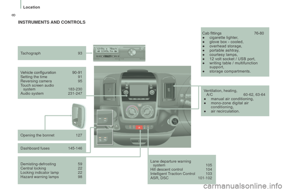 Peugeot Boxer 2016  Owners Manual - RHD (UK, Australia)  8
Lane departure warning  system 105
Hill descent control 104
Intelligent traction Control 103
ASR, DSC 101-102
Vehicle configuration
 90-91
Setting the time 91
Reversing camera 95touch screen audio 
