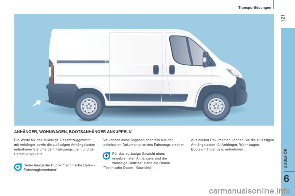 Peugeot Boxer 2016 Betriebsanleitung (in German) 121
boxer_de_Chap06_Accessoires_ed01-2015
AnhängEr, WOhnWAgEn, BOOTSAnhängEr An K u PPEL n
Die Werte für das zulässige Gesamtzuggewicht
mit Anhänger sowie die zulässigen Anhängelasten
entneh Peugeot Boxer 2016 Betriebsanleitung (in German) 121
boxer_de_Chap06_Accessoires_ed01-2015
AnhängEr, WOhnWAgEn, BOOTSAnhängEr An K u PPEL n
Die Werte für das zulässige Gesamtzuggewicht
mit Anhänger sowie die zulässigen Anhängelasten
entneh
