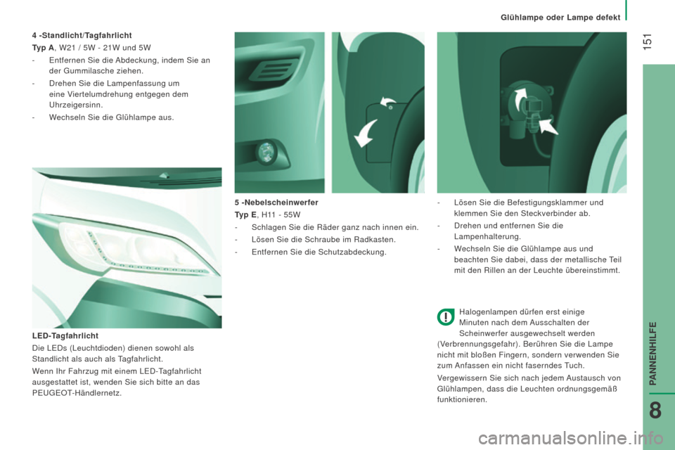 Peugeot Boxer 2016 Betriebsanleitung (in German) 151
boxer_de_Chap08_Aide-Rapide_ed01-2015
Halogenlampen dürfen erst einige
Minuten nach dem Ausschalten der
Scheinwerfer ausgewechselt werden
(Verbrennungsgefahr). Berühren Sie die Lampe
nicht Peugeot Boxer 2016 Betriebsanleitung (in German) 151
boxer_de_Chap08_Aide-Rapide_ed01-2015
Halogenlampen dürfen erst einige
Minuten nach dem Ausschalten der
Scheinwerfer ausgewechselt werden
(Verbrennungsgefahr). Berühren Sie die Lampe
nicht