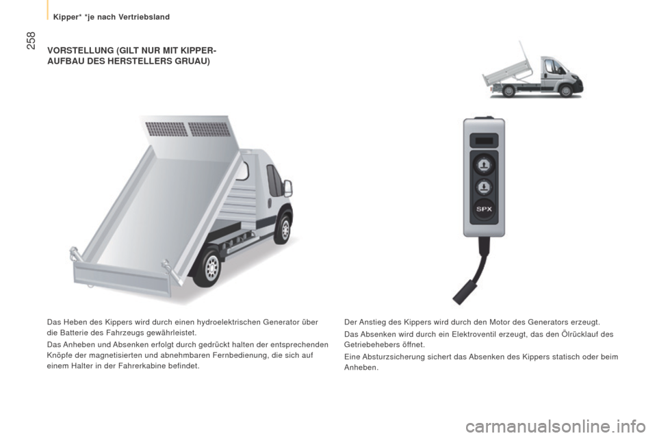 Peugeot Boxer 2016  Betriebsanleitung (in German)  258
boxer_de_Chap11_Particularites_ed01-2015
VOrSTELLung (giLT nur MiT KiPPEr-Auf BA u  DES   hE r STELLE r S   g ru A u)
Das Heben des Kippers wird durch einen hydroelektrischen Generator üb\
er 
d