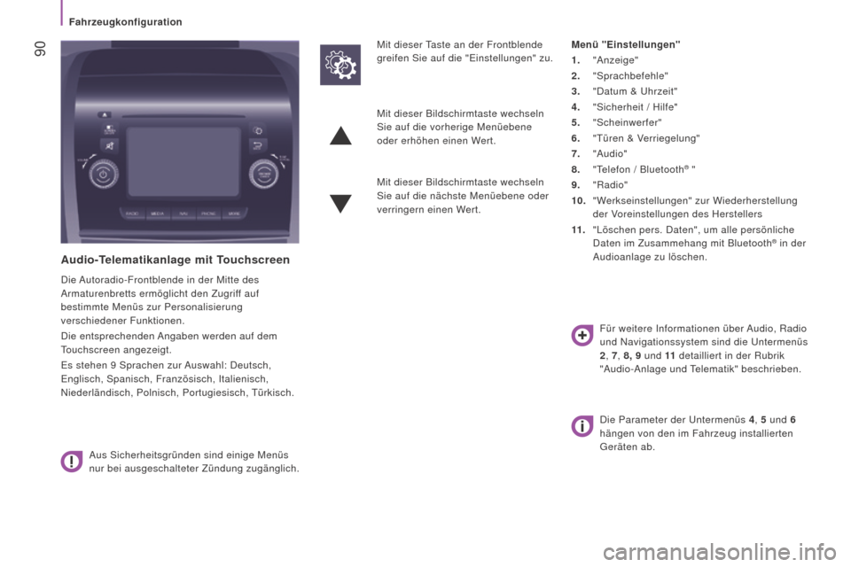 Peugeot Boxer 2016  Betriebsanleitung (in German)  90
boxer_de_Chap04_Technologie-a-bord_ed01-2015
Audio-Telematikanlage mit Touchscreen
Die Autoradio-Frontblende in der Mitte des 
Armaturenbretts ermöglicht den Zugriff auf 
bestimmte Menüs zur Per