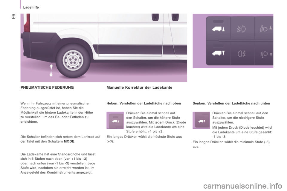Peugeot Boxer 2016  Betriebsanleitung (in German)  96
boxer_de_Chap04_Technologie-a-bord_ed01-2015
PnEuMATiSChE fEDErung
Wenn Ihr Fahrzeug mit einer pneumatischen 
Federung ausgerüstet ist, haben Sie die 
Möglichkeit die hintere Ladekante in der H