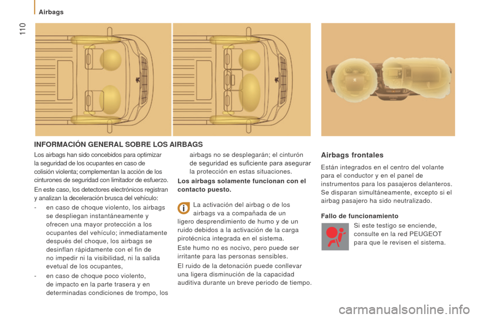 Peugeot Boxer 2016  Manual del propietario (in Spanish)  11 0
boxer_es_Chap05_Securite_ed01-2015
INFormACIóN GeNerAl Sobre loS AIrb AGS
Los airbags han sido concebidos para optimizar 
la seguridad de los ocupantes en caso de 
colisión violenta; complemen