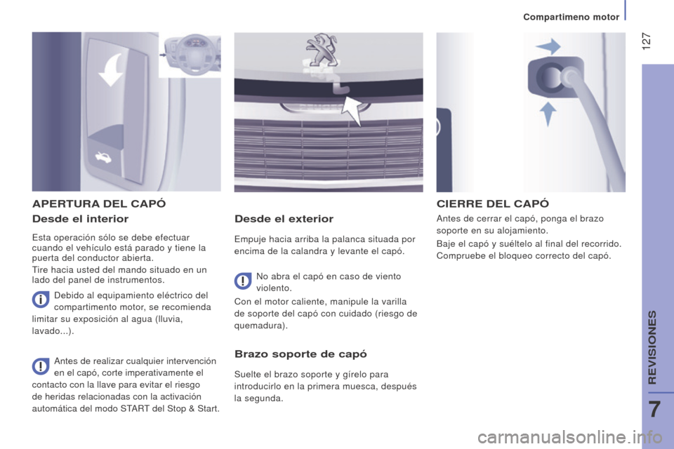 Peugeot Boxer 2016  Manual del propietario (in Spanish)  127
boxer_es_Chap07_Verifications_ed01-2015
Desde el interior
Esta operación sólo se debe efectuar 
cuando el vehículo está parado y tiene la 
puerta del conductor abierta.
Tire hacia usted del m