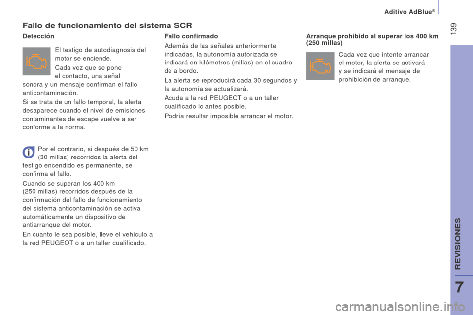 Peugeot Boxer 2016 Manual del propietario (in Spanish) 139
boxer_es_Chap07_Verifications_ed01-2015
Fallo de funcionamiento del sistema SCr
El testigo de autodiagnosis del
motor se enciende.
Cada vez que se pone
el contacto, una señal
sonora y un mens Peugeot Boxer 2016 Manual del propietario (in Spanish) 139
boxer_es_Chap07_Verifications_ed01-2015
Fallo de funcionamiento del sistema SCr
El testigo de autodiagnosis del
motor se enciende.
Cada vez que se pone
el contacto, una señal
sonora y un mens