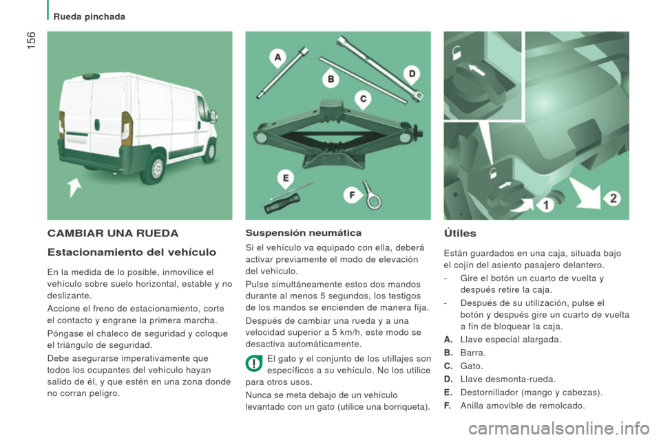 Peugeot Boxer 2016  Manual del propietario (in Spanish)  156
boxer_es_Chap08_Aide-Rapide_ed01-2015
estacionamiento del vehículo
En la medida de lo posible, inmovilice el 
vehículo sobre suelo horizontal, estable y no 
deslizante.
Accione el freno de esta