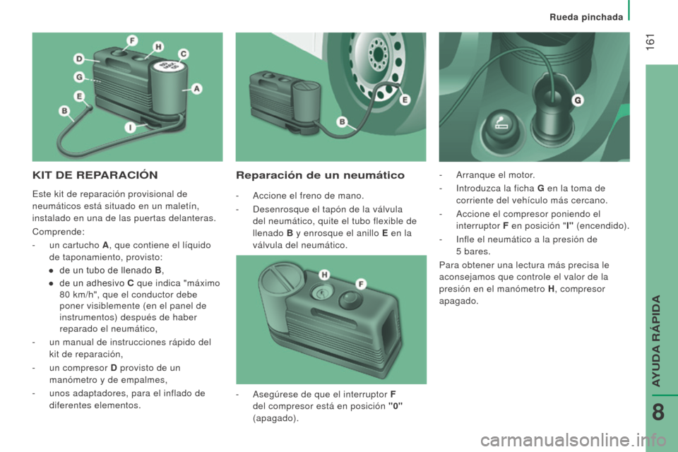 Peugeot Boxer 2016 Manual del propietario (in Spanish) 161
boxer_es_Chap08_Aide-Rapide_ed01-2015
KIT De rePArACIóNr eparación de un neumático
- Accione el freno de mano.
-
Desenrosque el tapón de la válvula
del neumático, quite el tubo flexibl Peugeot Boxer 2016 Manual del propietario (in Spanish) 161
boxer_es_Chap08_Aide-Rapide_ed01-2015
KIT De rePArACIóNr eparación de un neumático
- Accione el freno de mano.
-
Desenrosque el tapón de la válvula
del neumático, quite el tubo flexibl