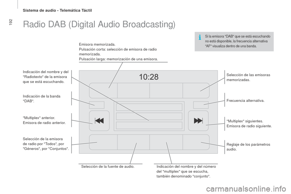 Peugeot Boxer 2016 Manual del propietario (in Spanish) 192
boxer_es_Chap10a_Autoradio_Fiat-tactile-1_ed01-2015
Si la emisora "DAB" que se está escuchando
no está disponible, la frecuencia alternativa
"AF" visualiza dentro de una banda.
Radio DAB (Digi Peugeot Boxer 2016 Manual del propietario (in Spanish) 192
boxer_es_Chap10a_Autoradio_Fiat-tactile-1_ed01-2015
Si la emisora "DAB" que se está escuchando
no está disponible, la frecuencia alternativa
"AF" visualiza dentro de una banda.
Radio DAB (Digi
