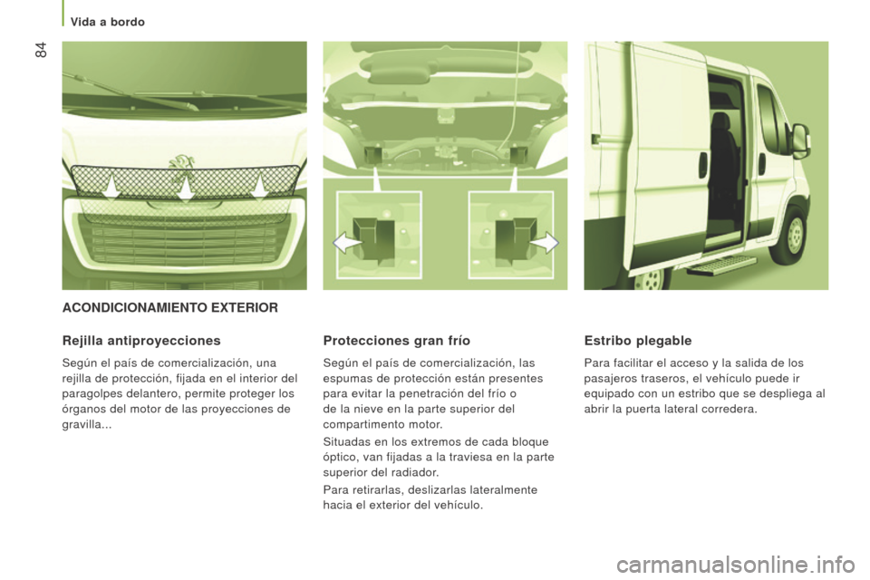 Peugeot Boxer 2016 Manual del propietario (in Spanish) 84
boxer_es_Chap03_Ergo-et-confort_ed01-2015
ACoNDICIoNAmIeNTo exT er I or
r
ejilla antiproyecciones
Según el país de comercialización, una
rejilla de protección, fijada en el interior del
par Peugeot Boxer 2016 Manual del propietario (in Spanish) 84
boxer_es_Chap03_Ergo-et-confort_ed01-2015
ACoNDICIoNAmIeNTo exT er I or
r
ejilla antiproyecciones
Según el país de comercialización, una
rejilla de protección, fijada en el interior del
par