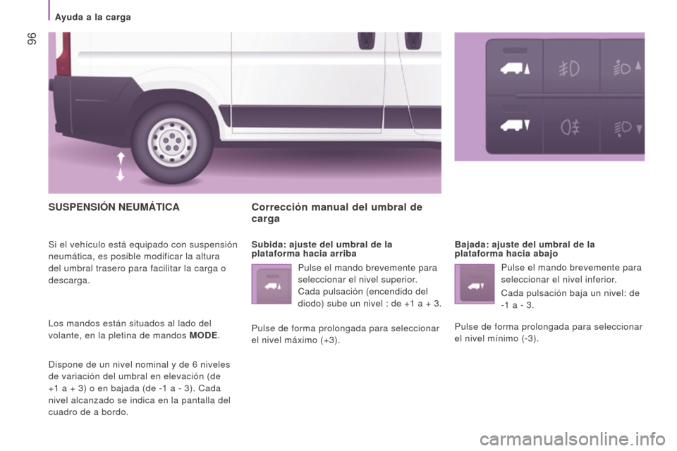 Peugeot Boxer 2016  Manual del propietario (in Spanish)  96
boxer_es_Chap04_Technologie-a-bord_ed01-2015
SuSPeNSIóN NeumáTICA
Si el vehículo está equipado con suspensión 
neumática, es posible modificar la altura 
del umbral trasero para facilitar la